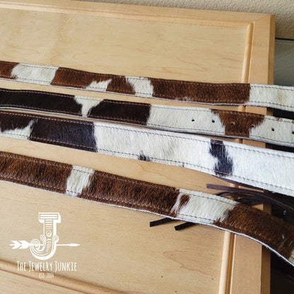 Hair-on-Hide Brown & White Leather Belt w/ Fringe