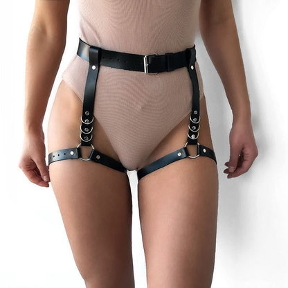 Imitation leather harness belt with metal rings, black