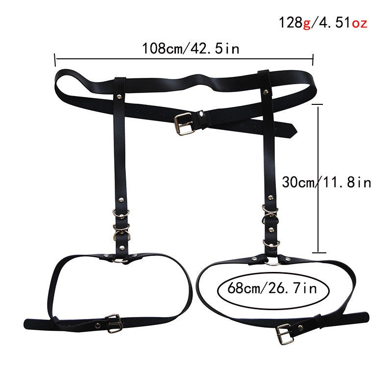 Imitation leather harness belt with metal rings, black