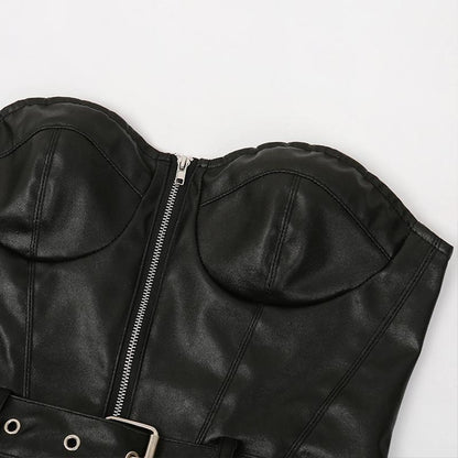 Leather belt backless black crop top Women zipper sleeveless