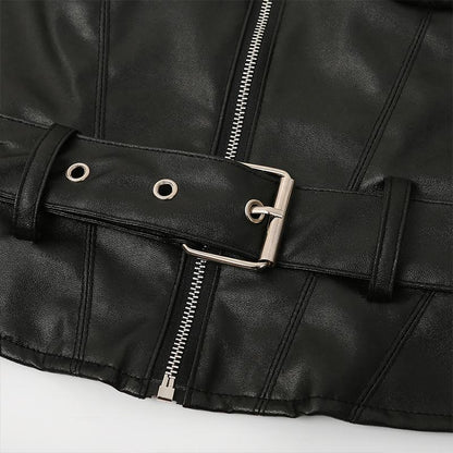 Leather belt backless black crop top Women zipper sleeveless