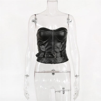 Leather belt backless black crop top Women zipper sleeveless