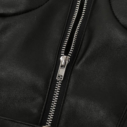 Leather belt backless black crop top Women zipper sleeveless