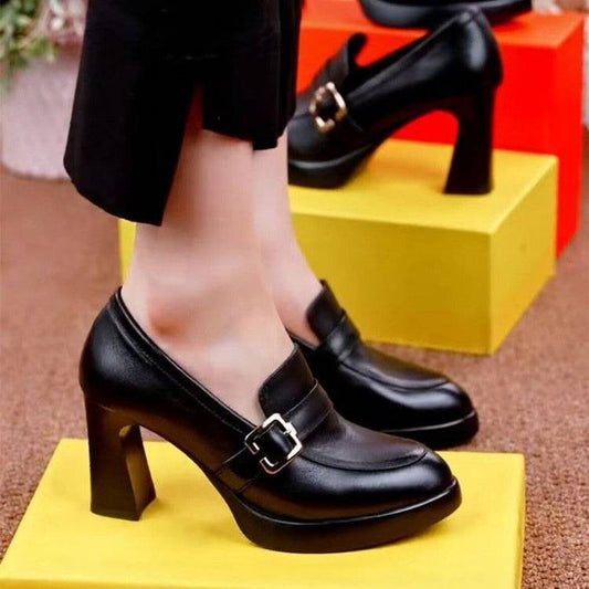 Chunky Sole High Heel Stylish Boots Low Cut Ladies Leather Footwear