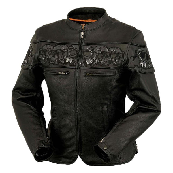 First MFG Co. Big Skulls Cowhide Ladies Leather Black Motorcycle Jacket