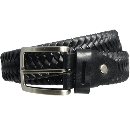 34 mm Leather Elastic Weave Belt Black