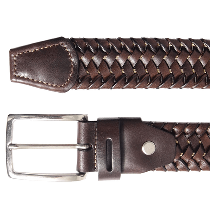 34 mm Leather Elastic Weave Belt Brown