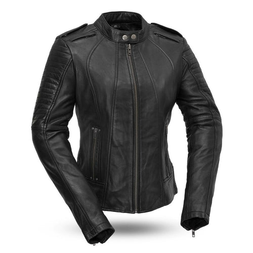 First MFG Co. Biker Women's Sheep Diamond Leather Motorcycle Black Jacket