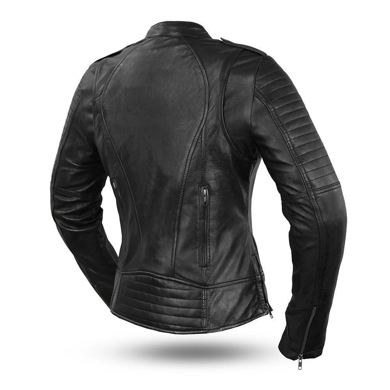 First MFG Co. Biker Women's Sheep Diamond Leather Motorcycle Black Jacket