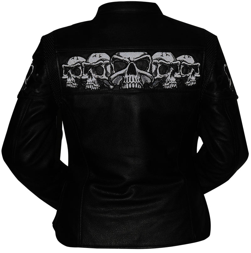 Sacred Skulls Cowhide Leather Womens Black Motorcycle Leather Jacket By First MFG Co