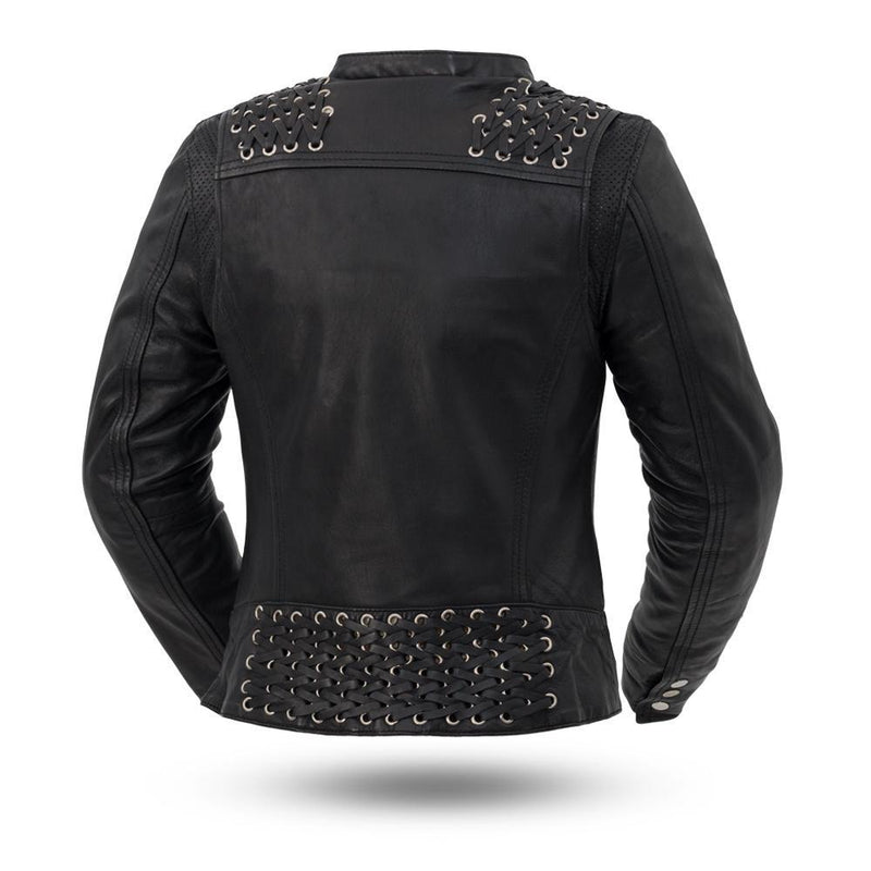 First MFG Co. Black Widow Ladies Leather Motorcycle Black Jacket