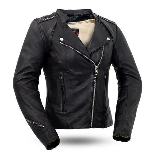 First MFG Co. Black Widow Ladies Leather Motorcycle Black Jacket