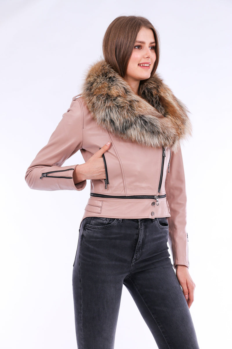 Buttagi Soft Lightweight Women's Pink Leather Biker Jacket