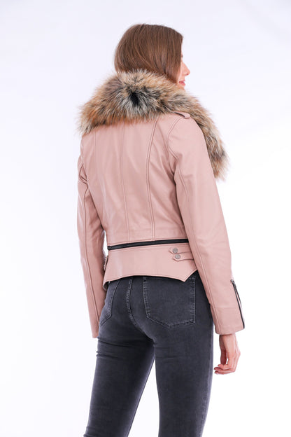 Buttagi Soft Lightweight Women's Pink Leather Biker Jacket