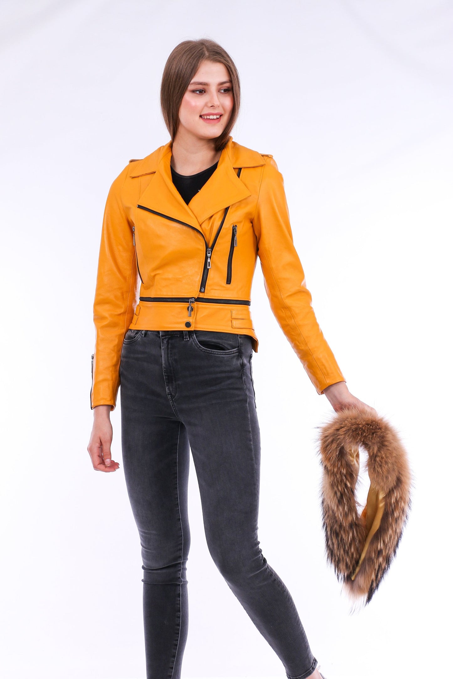 Buttagi Women's Yellow Soft Lightweight Leather Biker Jacket