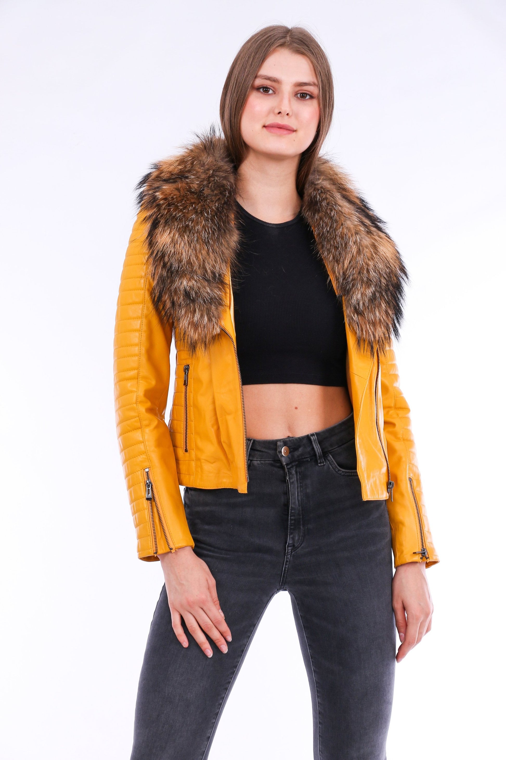 Cana Quilted Soft Sheepskin Womens Yellow Leather Biker Jacket