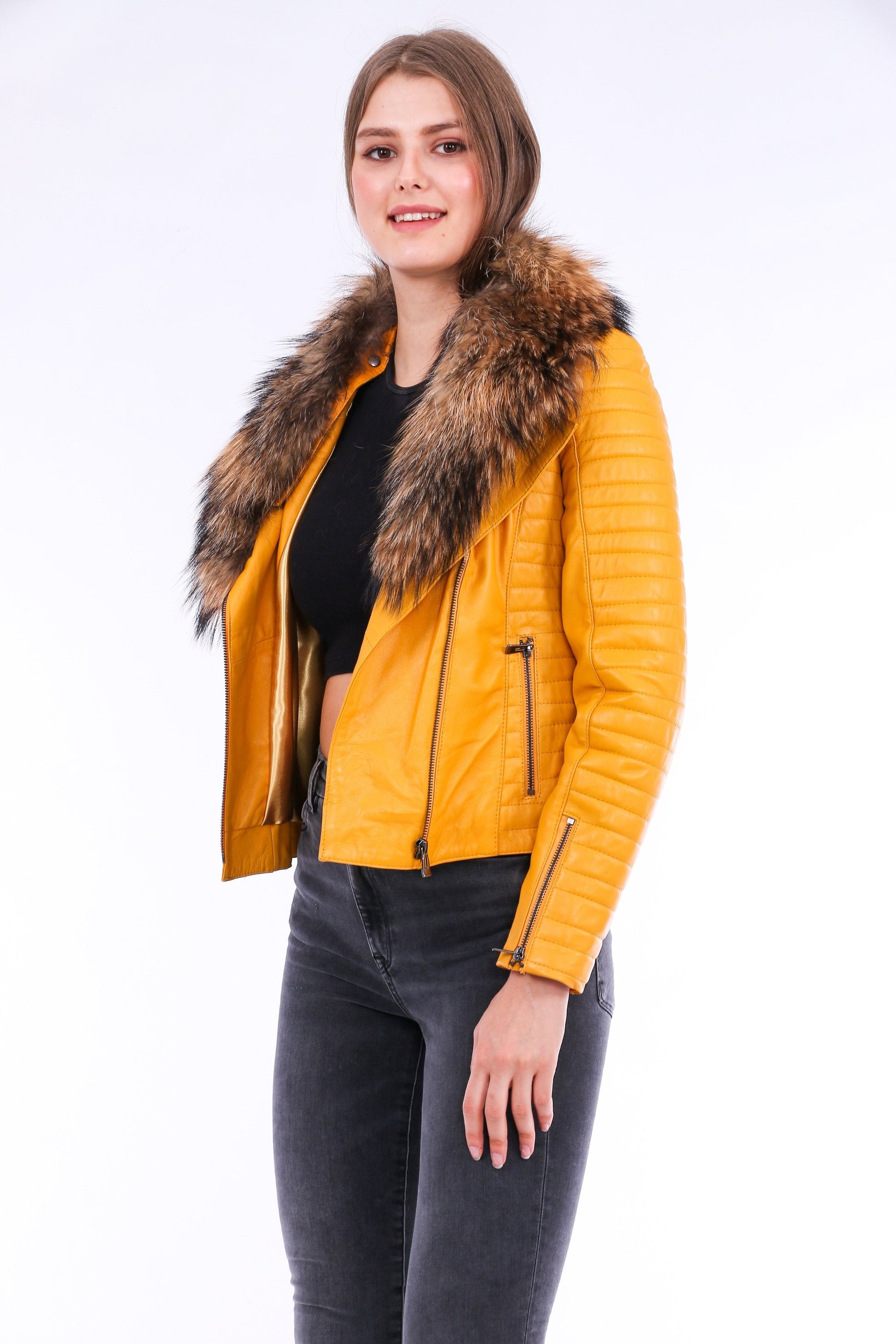 Cana Quilted Soft Sheepskin Womens Yellow Leather Biker Jacket