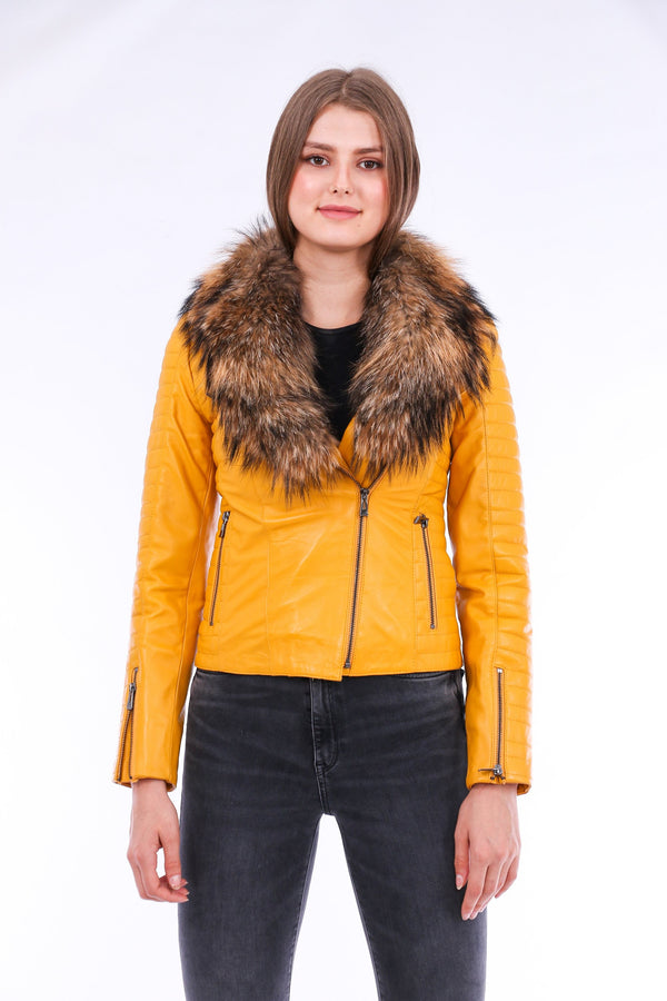 Cana Quilted Soft Sheepskin Womens Yellow Leather Biker Jacket