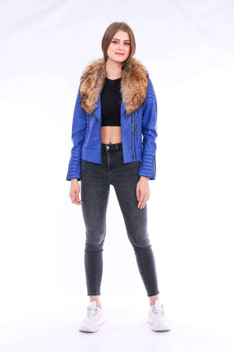 Milani Quilted Blue Leather Biker Jacket