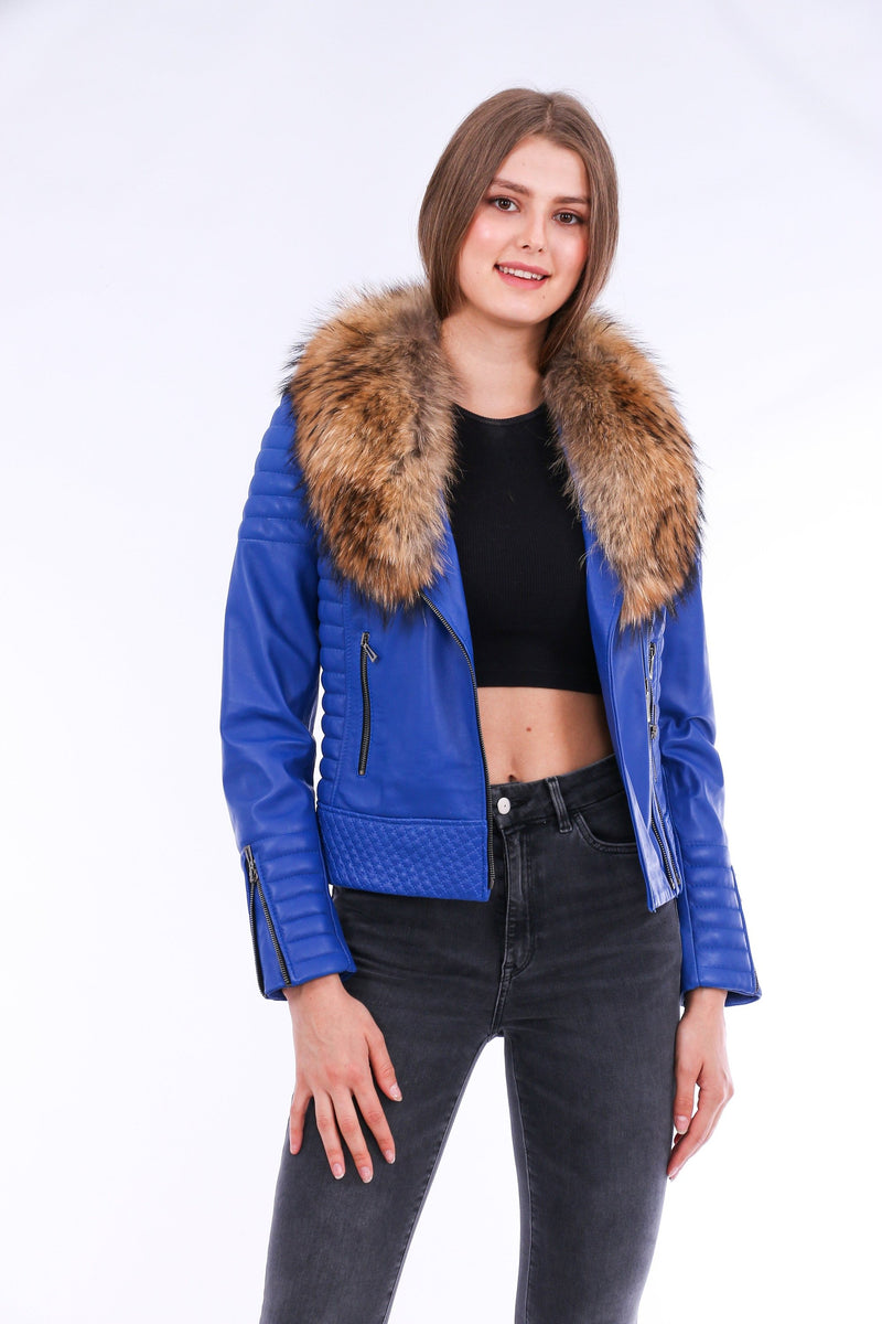 Milani Quilted Blue Leather Biker Jacket