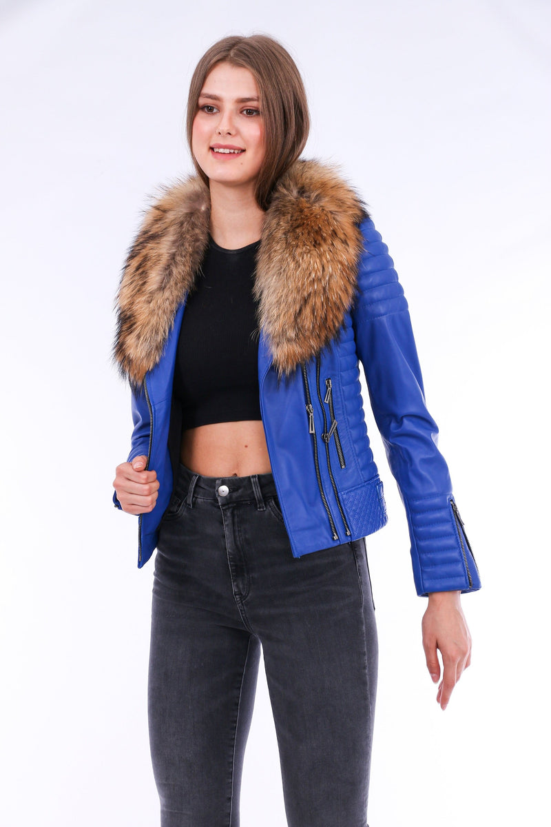 Milani Quilted Blue Leather Biker Jacket