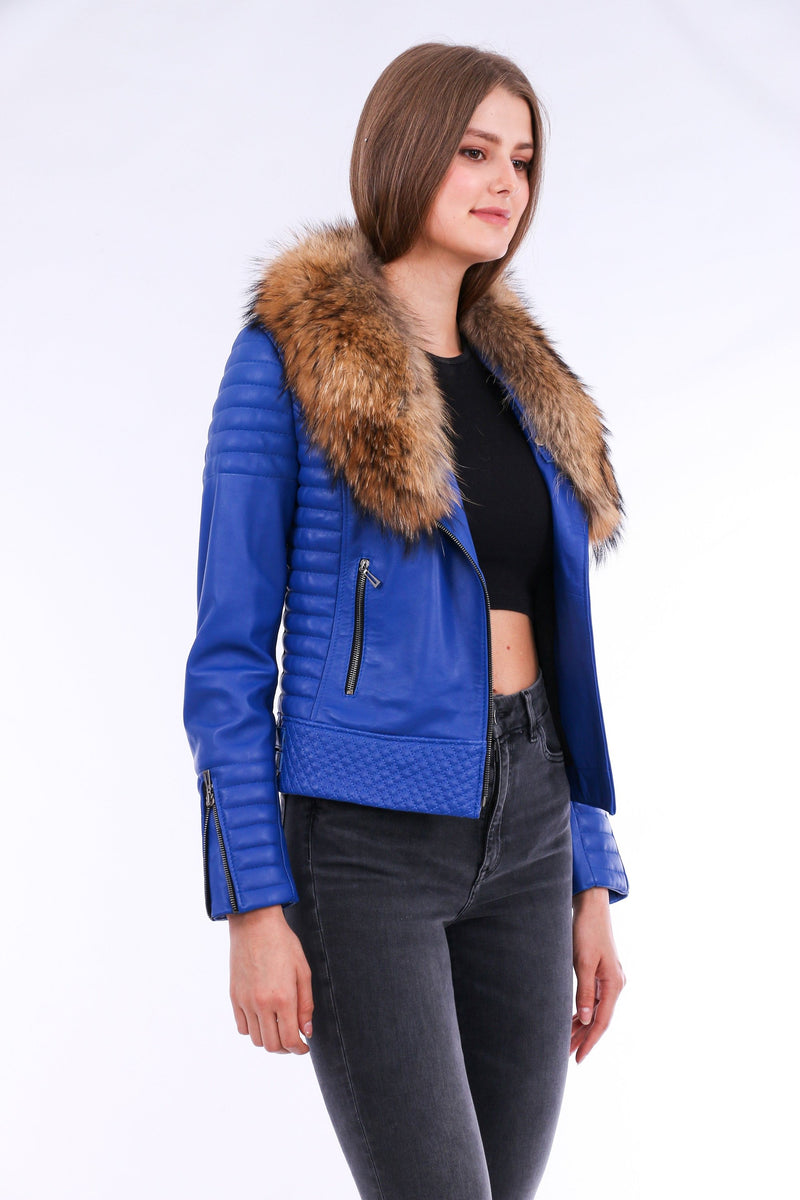 Milani Quilted Blue Leather Biker Jacket