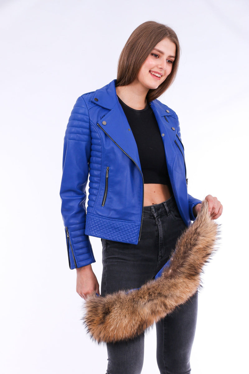 Milani Quilted Blue Leather Biker Jacket