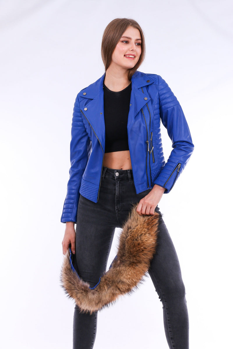 Milani Quilted Blue Leather Biker Jacket