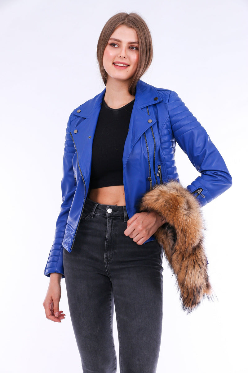 Milani Quilted Blue Leather Biker Jacket