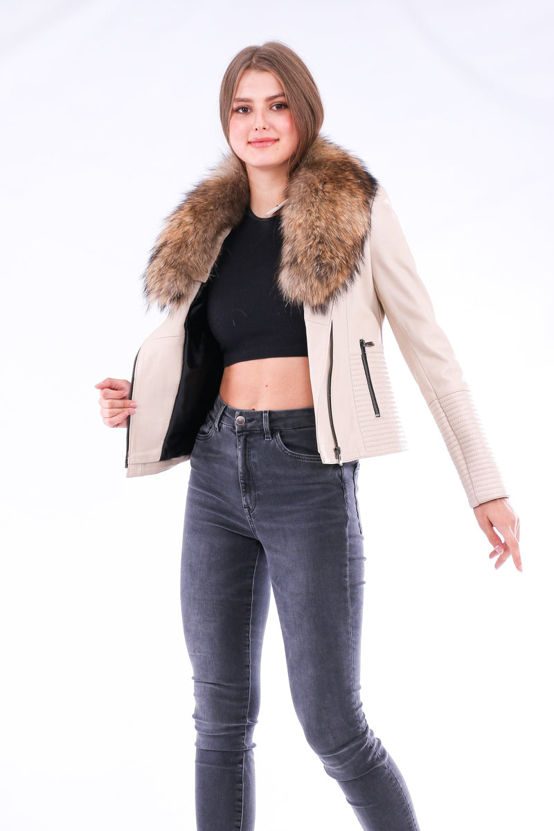 Ravenna White Cropped Leather Biker Jacket