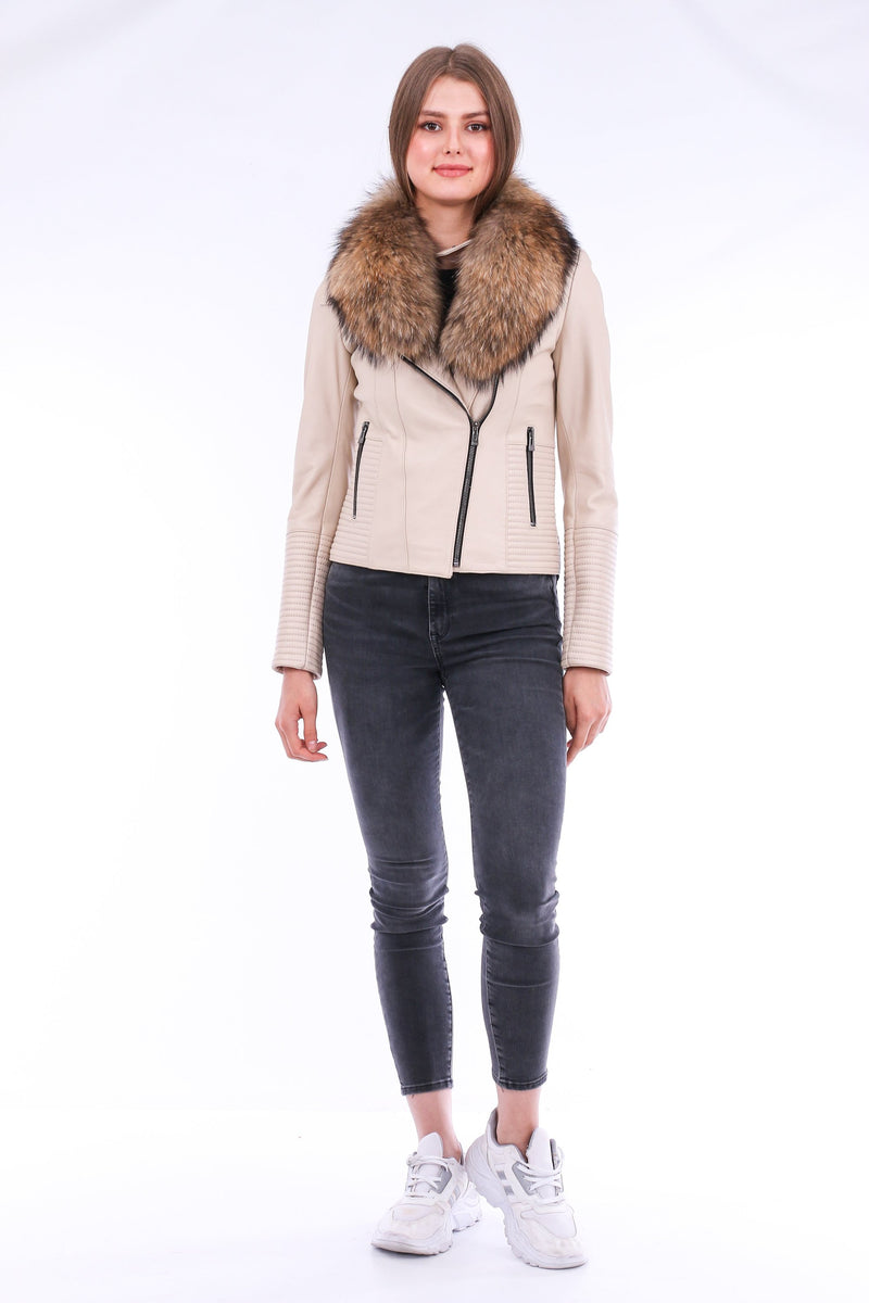 Ravenna White Cropped Leather Biker Jacket