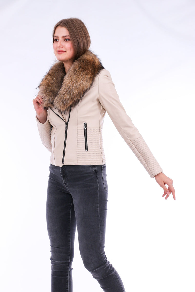 Ravenna White Cropped Leather Biker Jacket