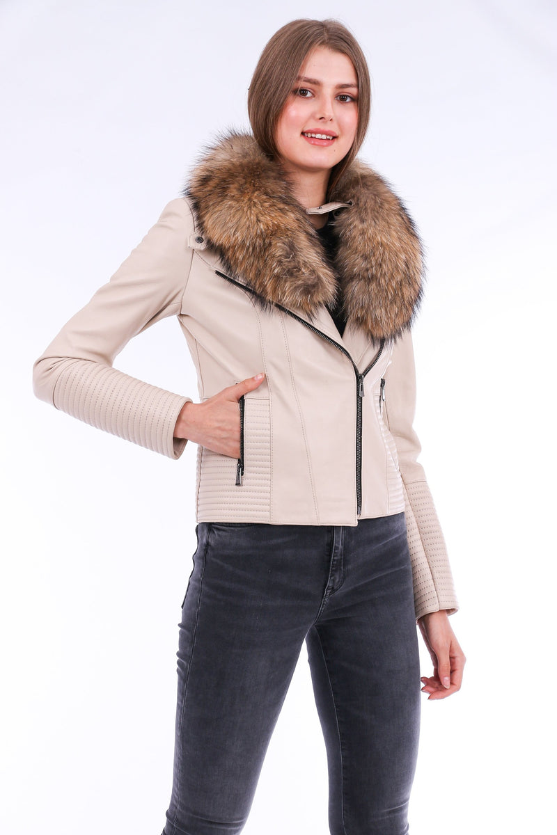 Ravenna White Cropped Leather Biker Jacket