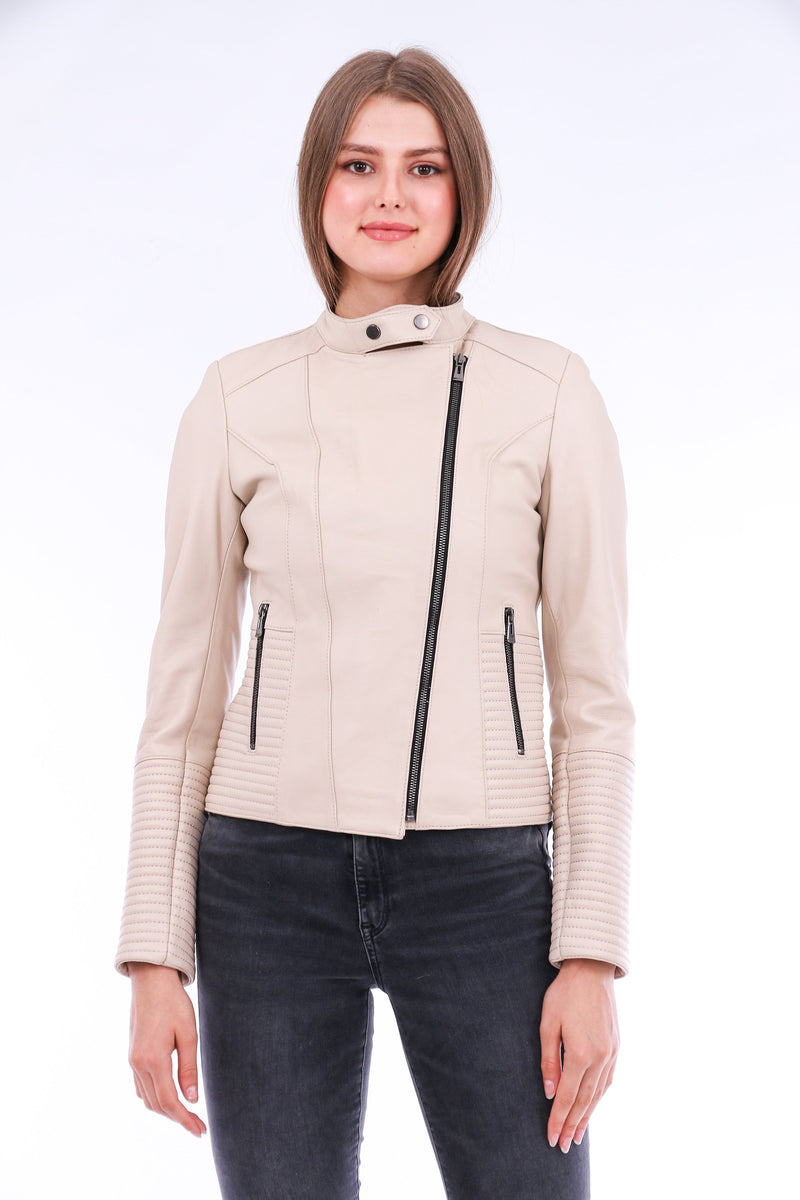 Ravenna White Cropped Leather Biker Jacket