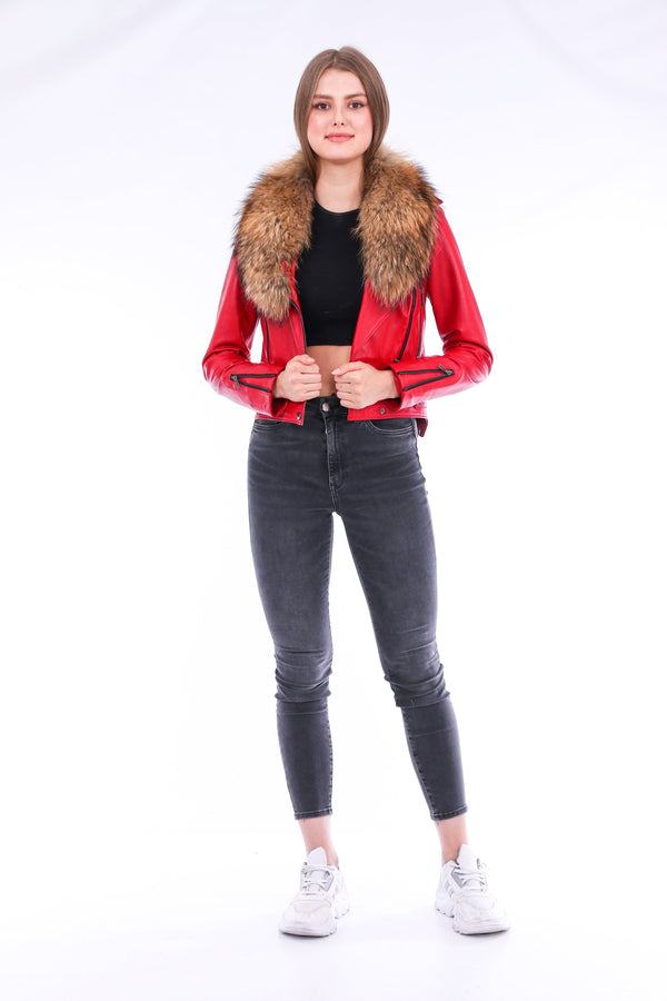 Buttagi Soft Sheepskin Red Leather Biker Jacket Women