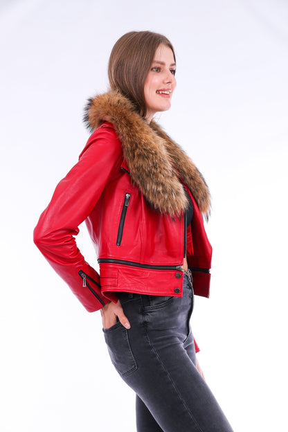 Buttagi Soft Sheepskin Red Leather Biker Jacket Women