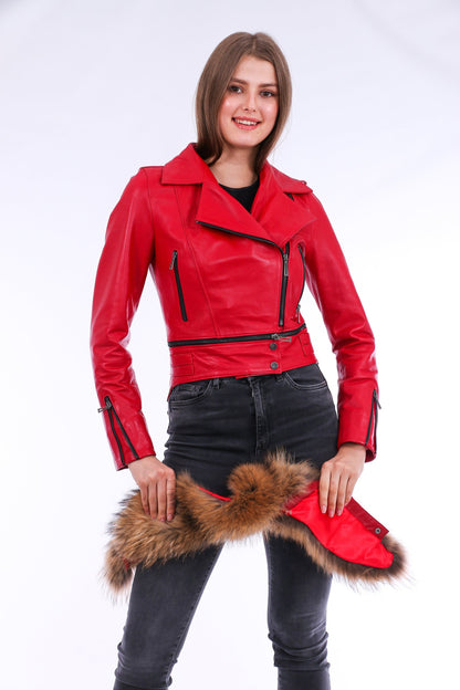 Buttagi Soft Sheepskin Red Leather Biker Jacket Women