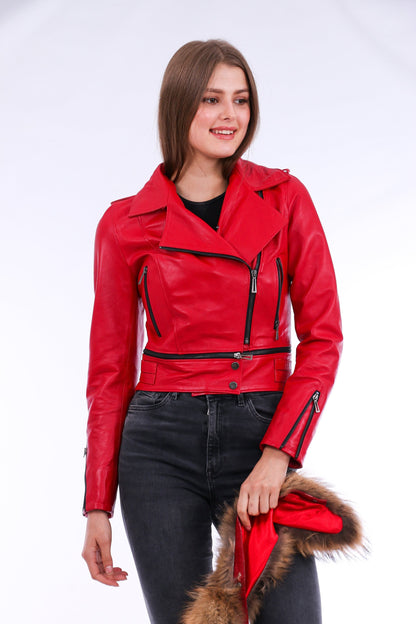 Buttagi Soft Sheepskin Red Leather Biker Jacket Women