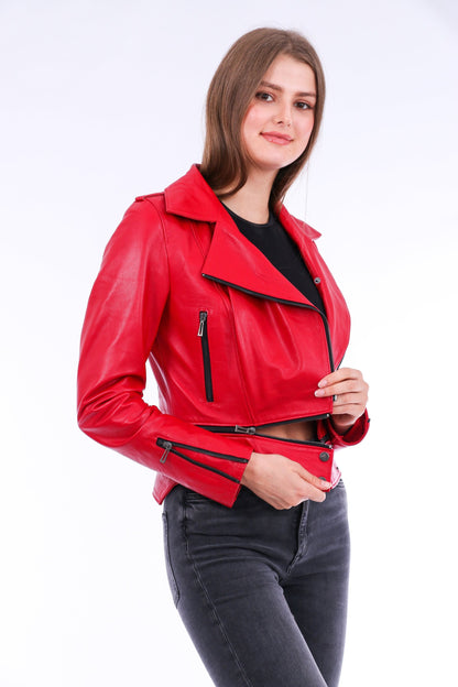 Buttagi Soft Sheepskin Red Leather Biker Jacket Women