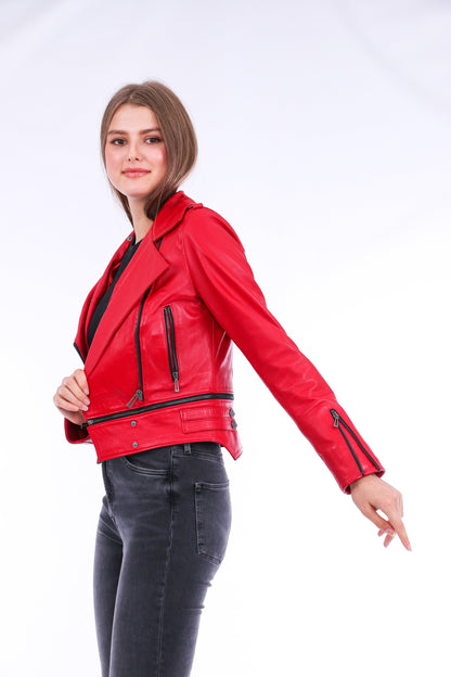 Buttagi Soft Sheepskin Red Leather Biker Jacket Women