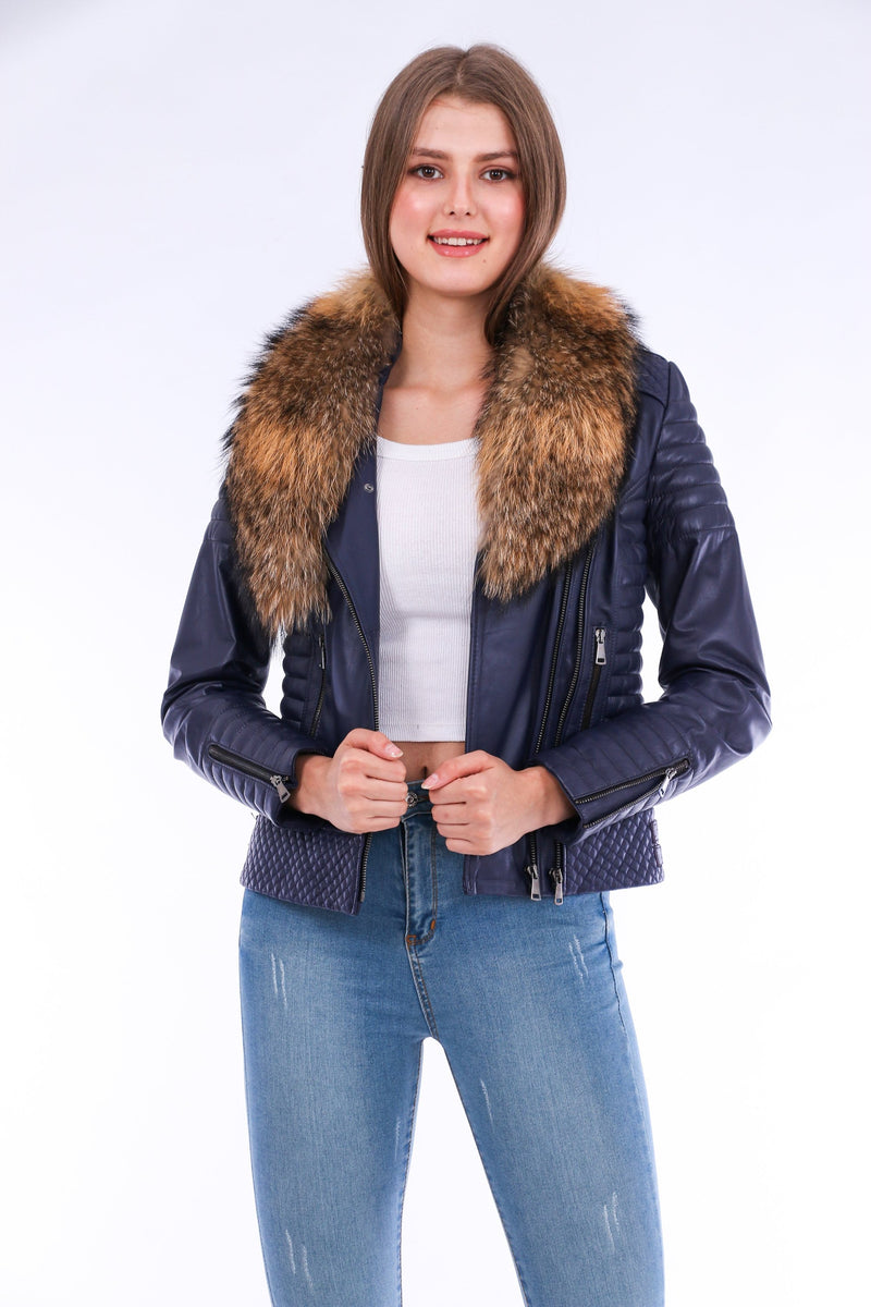 Milani Quilted Navy Blue Soft Lightweight Leather Biker Jacket for Women