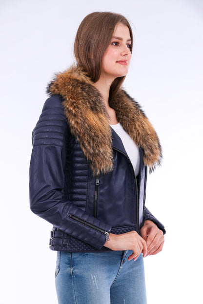 Milani Quilted Navy Blue Soft Lightweight Leather Biker Jacket for Women