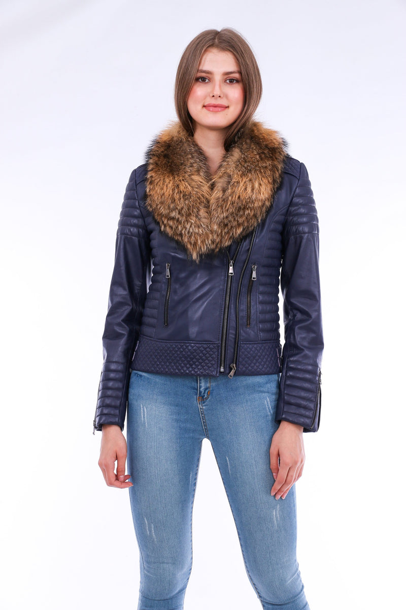 Milani Quilted Navy Blue Soft Lightweight Leather Biker Jacket for Women