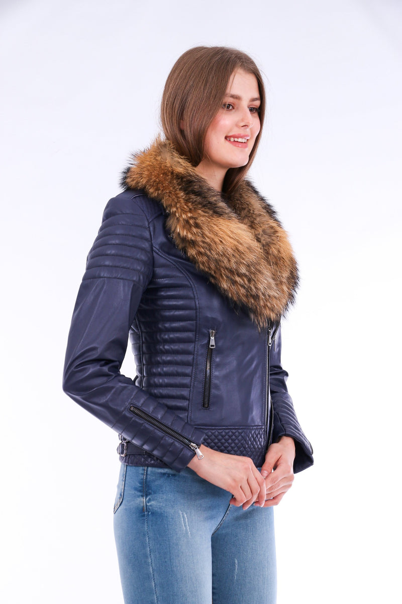 Milani Quilted Navy Blue Soft Lightweight Leather Biker Jacket for Women