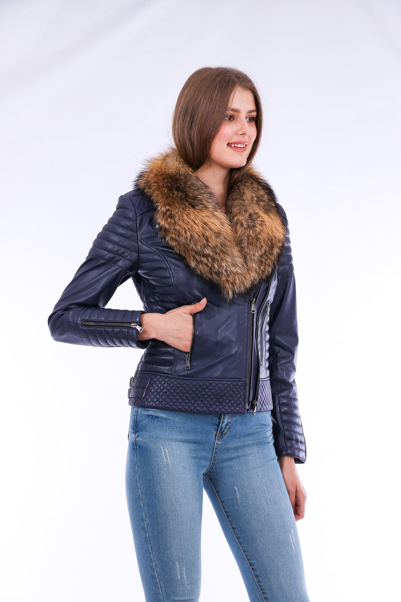 Milani Quilted Navy Blue Soft Lightweight Leather Biker Jacket for Women