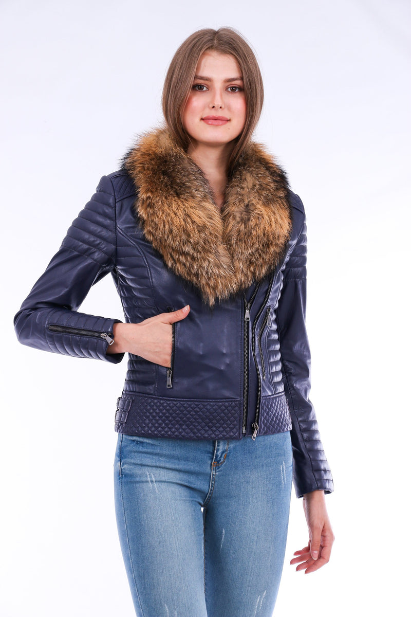 Milani Quilted Navy Blue Soft Lightweight Leather Biker Jacket for Women