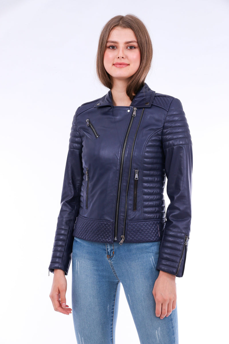 Milani Quilted Navy Blue Soft Lightweight Leather Biker Jacket for Women