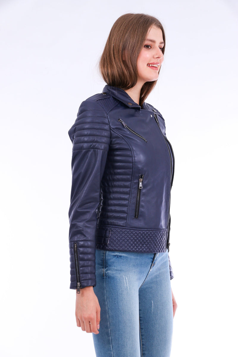 Milani Quilted Navy Blue Soft Lightweight Leather Biker Jacket for Women