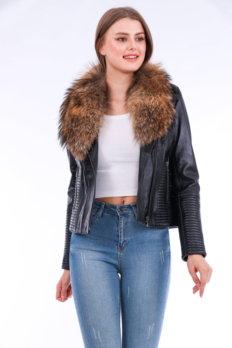 Ravenna Cropped Leather Biker Jacket Black