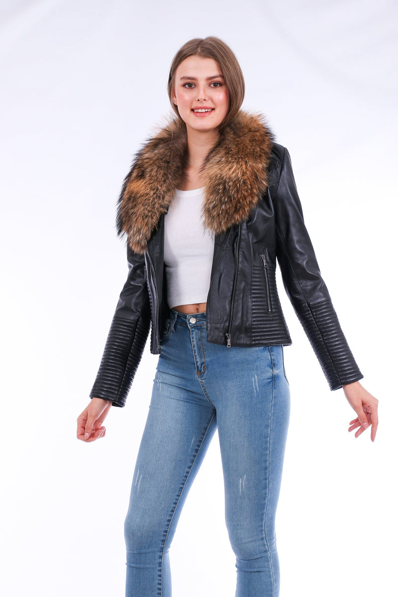 Ravenna Cropped Leather Biker Jacket Black